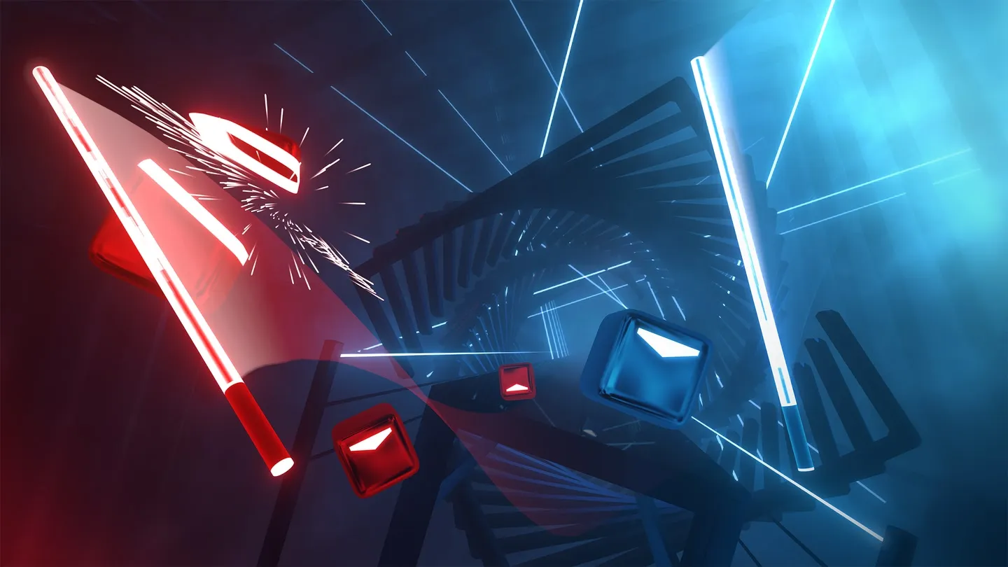 A gameplay screenshot of the Beat Saber VR game by Beat Games, with two sabers glowing as blocks and other content comes speeding toward them.