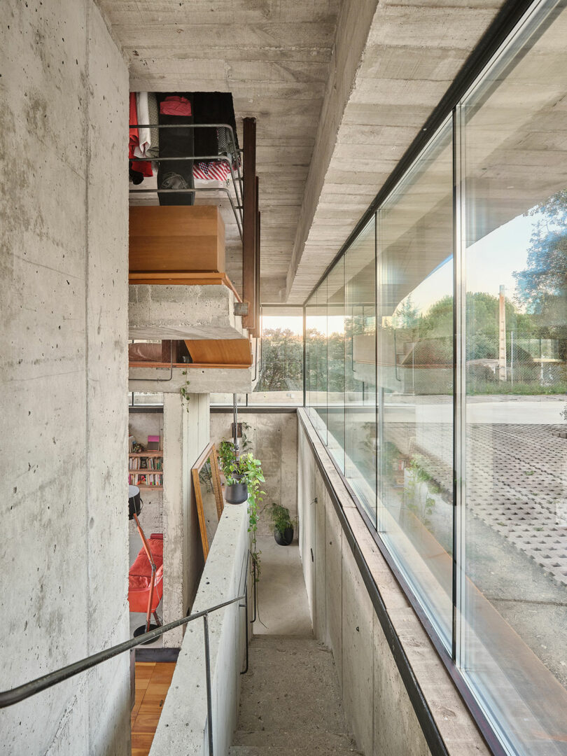 Concrete interior with modern stairs, large windows on the right, and shelves on the left. Daylight illuminates the space and greenery is visible outside.