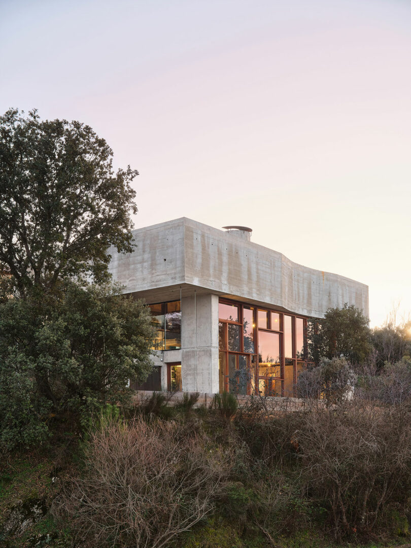 A modern, cubic house with large windows and a concrete exterior is surrounded by trees and vegetation under a clear, pastel sky.