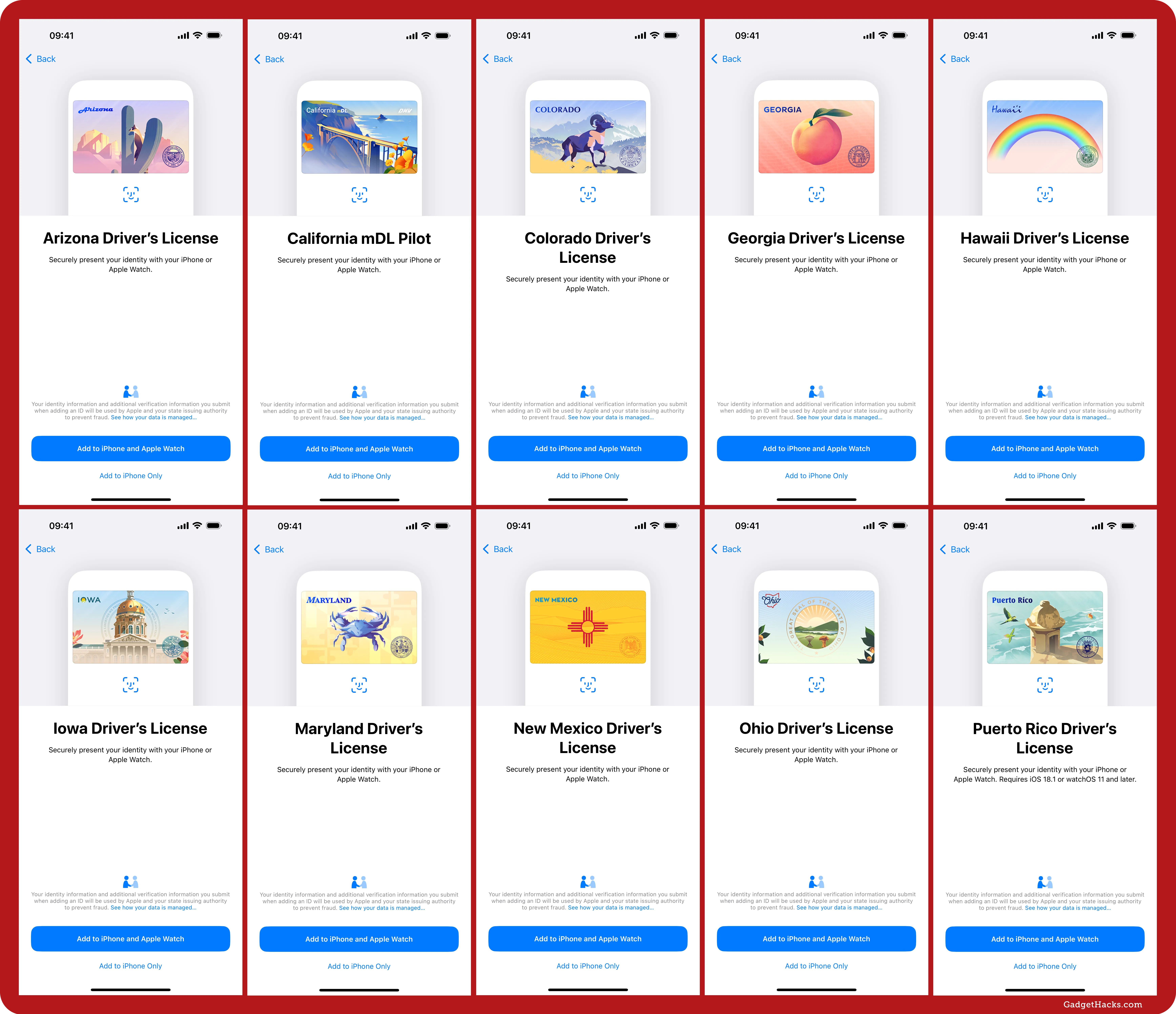 Showing all 10 states that support driver's licenses in Apple Wallet.