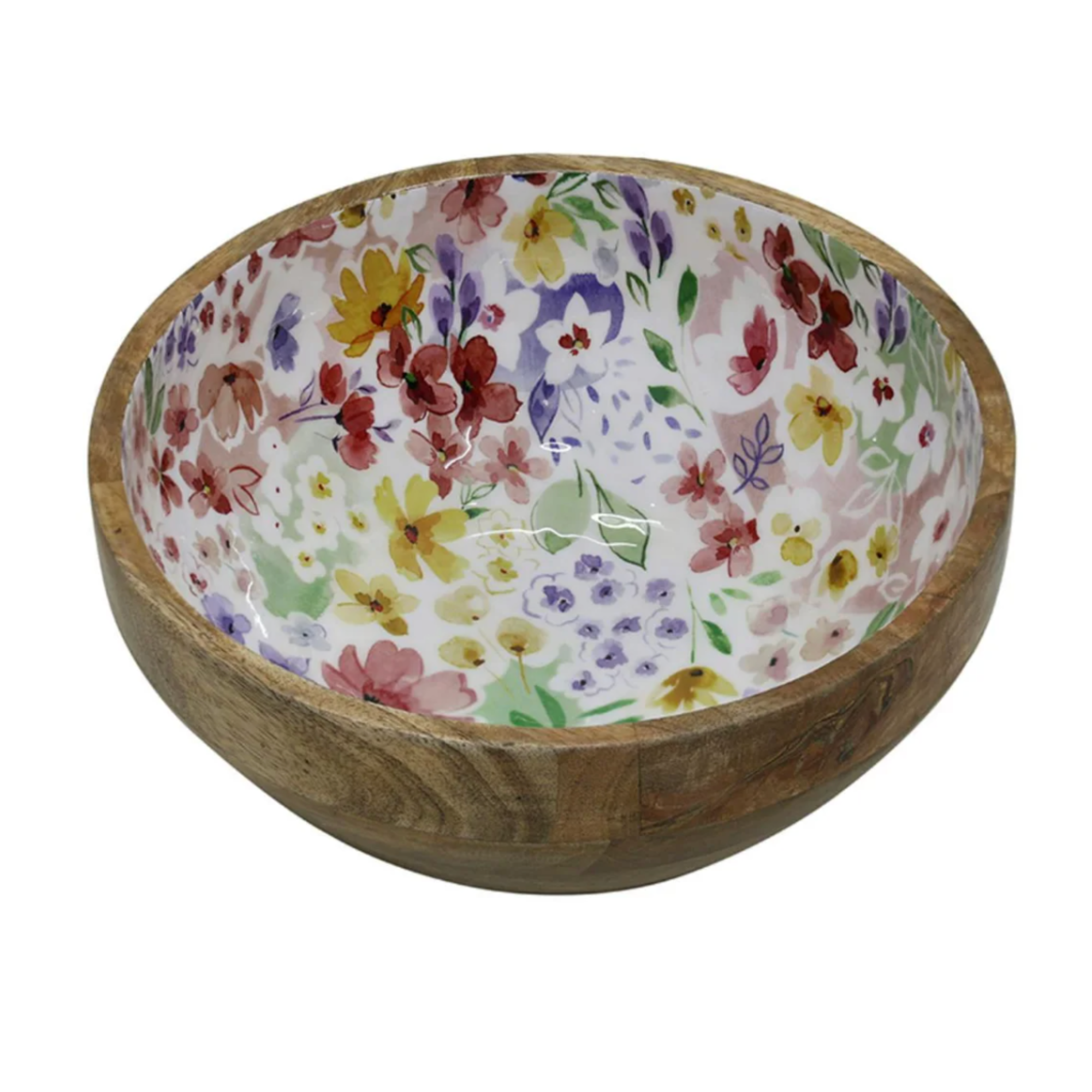 A mango wood serving bowl with floral details inside