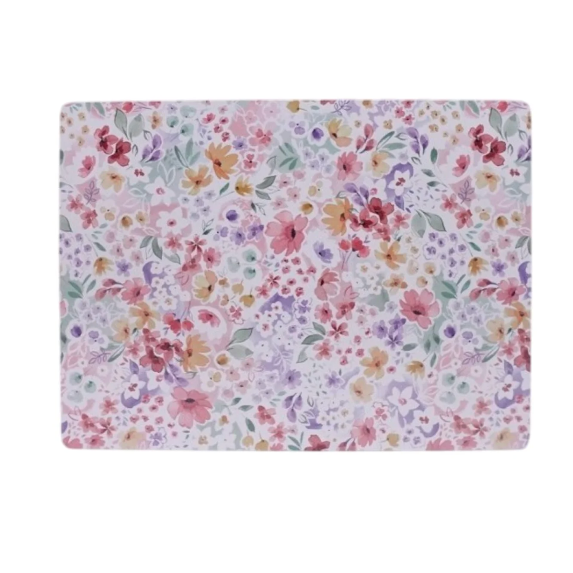 A floral placemat with pink, purple and orange accents