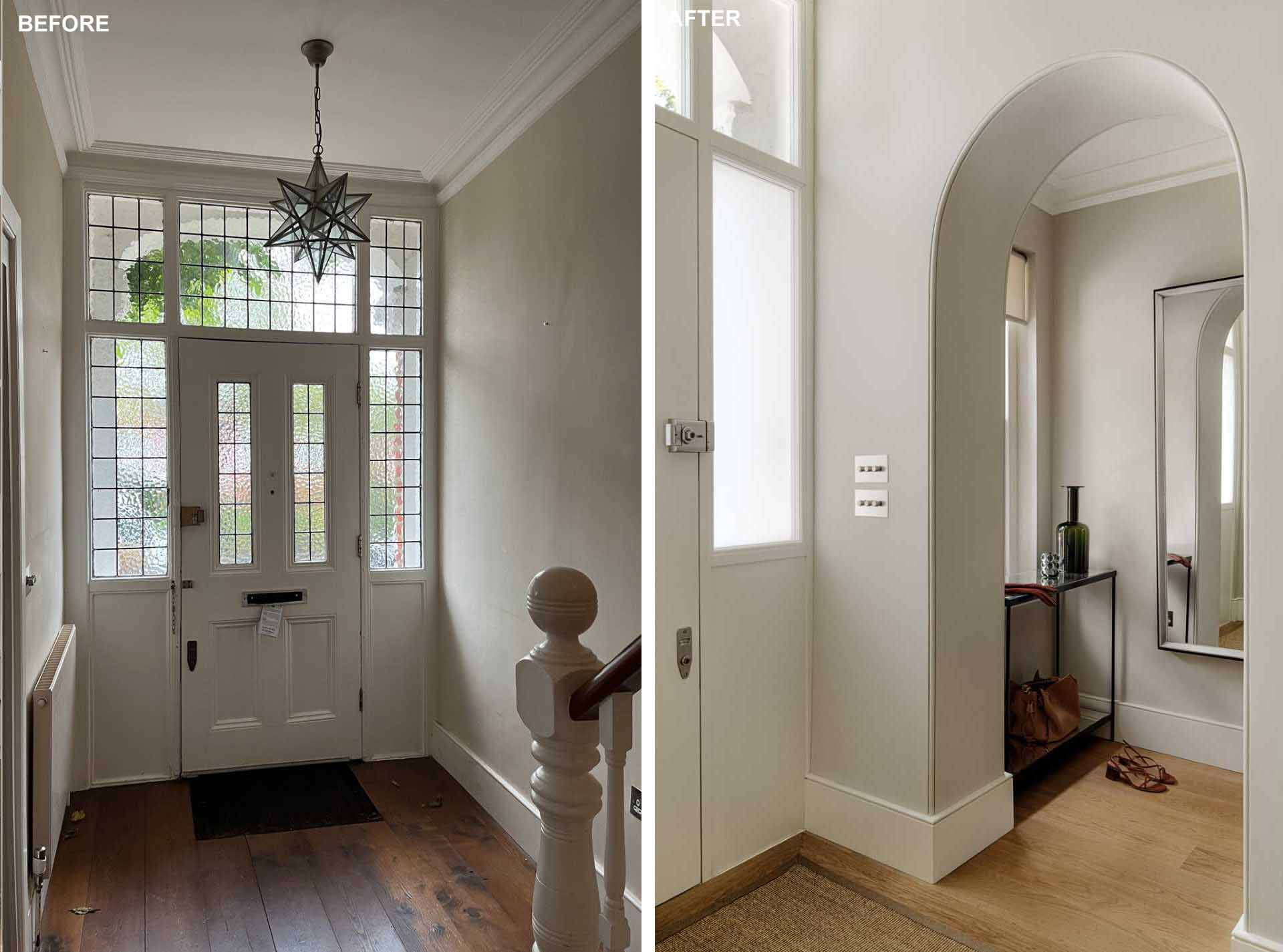 This entryway was transformed in to a light and bright space with new windows surrounding the front door and a new arched opening.