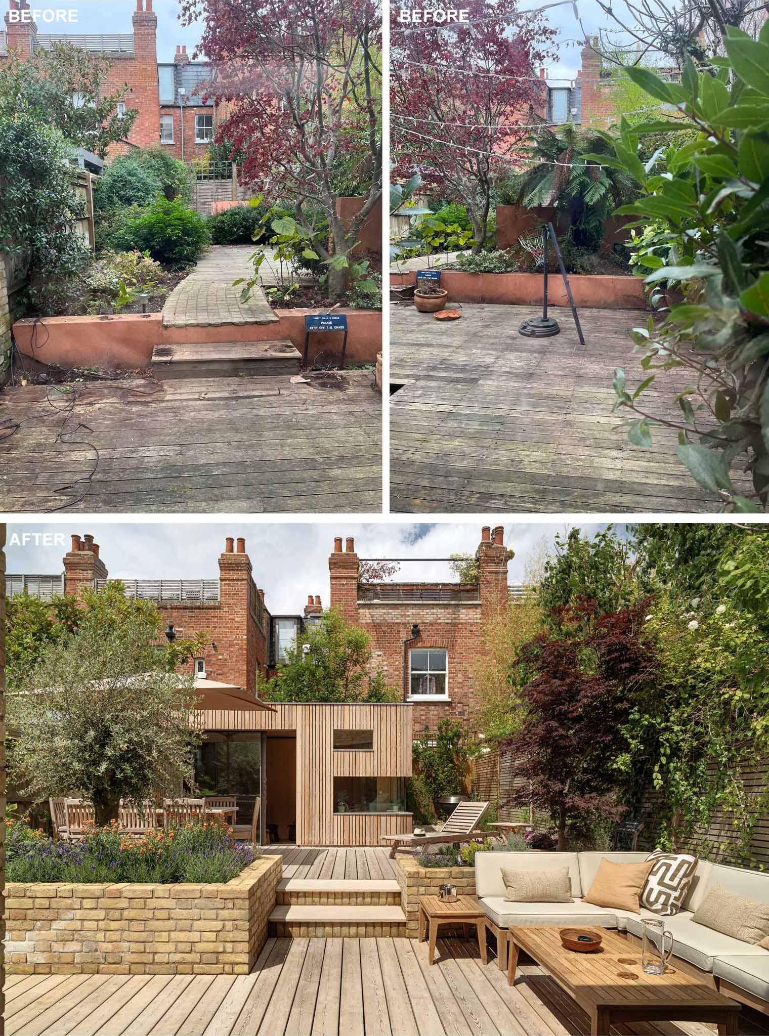 At the rear of this home, a new brick extension with new windows and doors was created, as well an updated wood deck with different levels and sections that include brick planters that separate the spaces, like a lounge area and dining area.