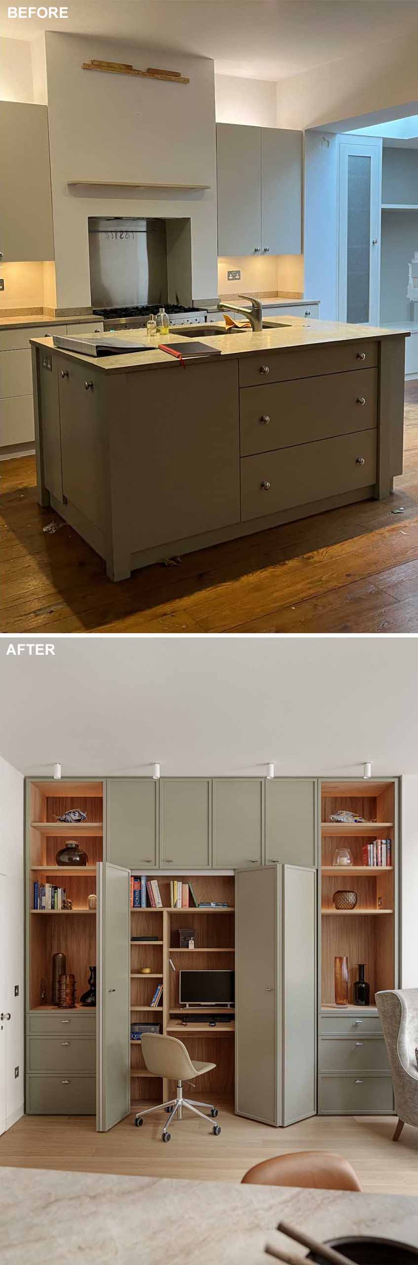 An old kitchen, which has been transformed into a wall of custom cabinetry with a closet that opens to reveal a home office.