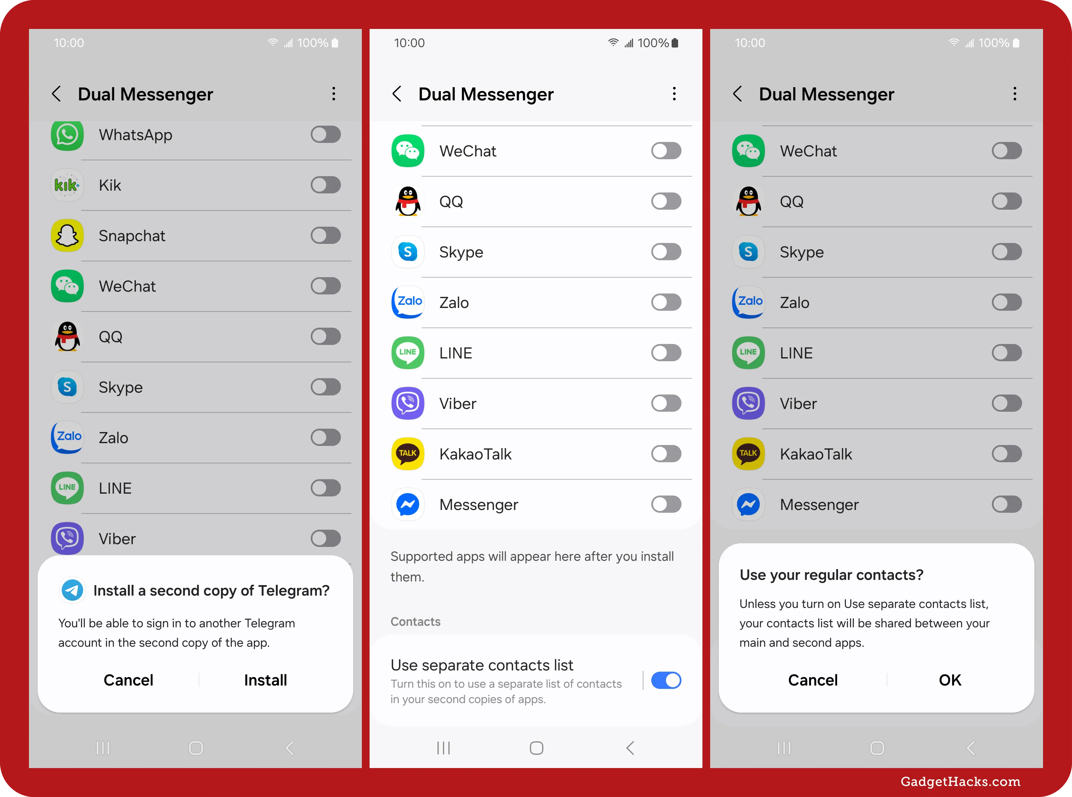 Three Samsung Dual Messenger screens showing Telegram clone setup, separate contacts list toggle, and a prompt about sharing contacts between main and cloned apps.