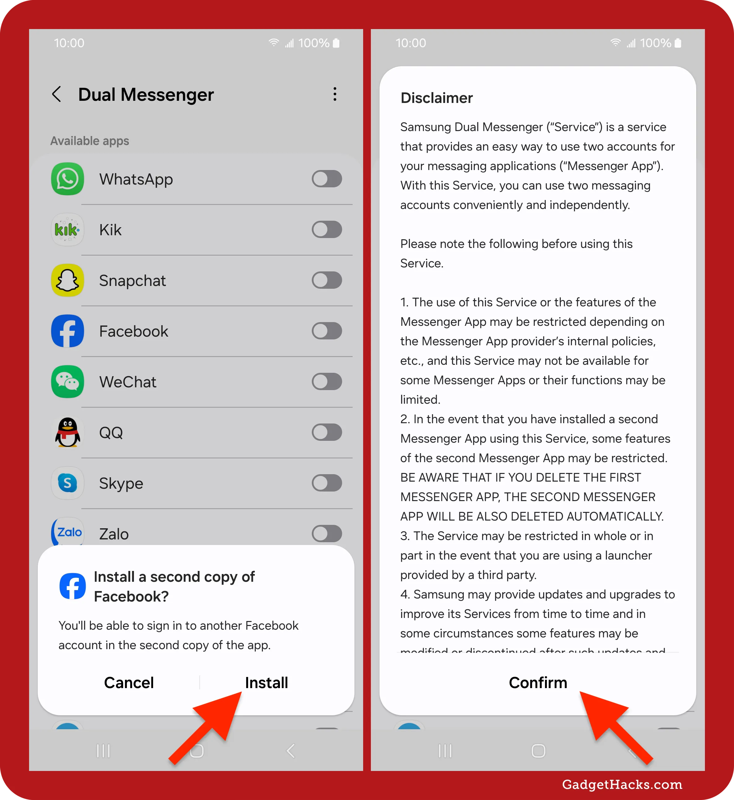 Samsung Dual Messenger setup screens showing a Facebook clone install prompt and a disclaimer about using two accounts in supported messaging apps.