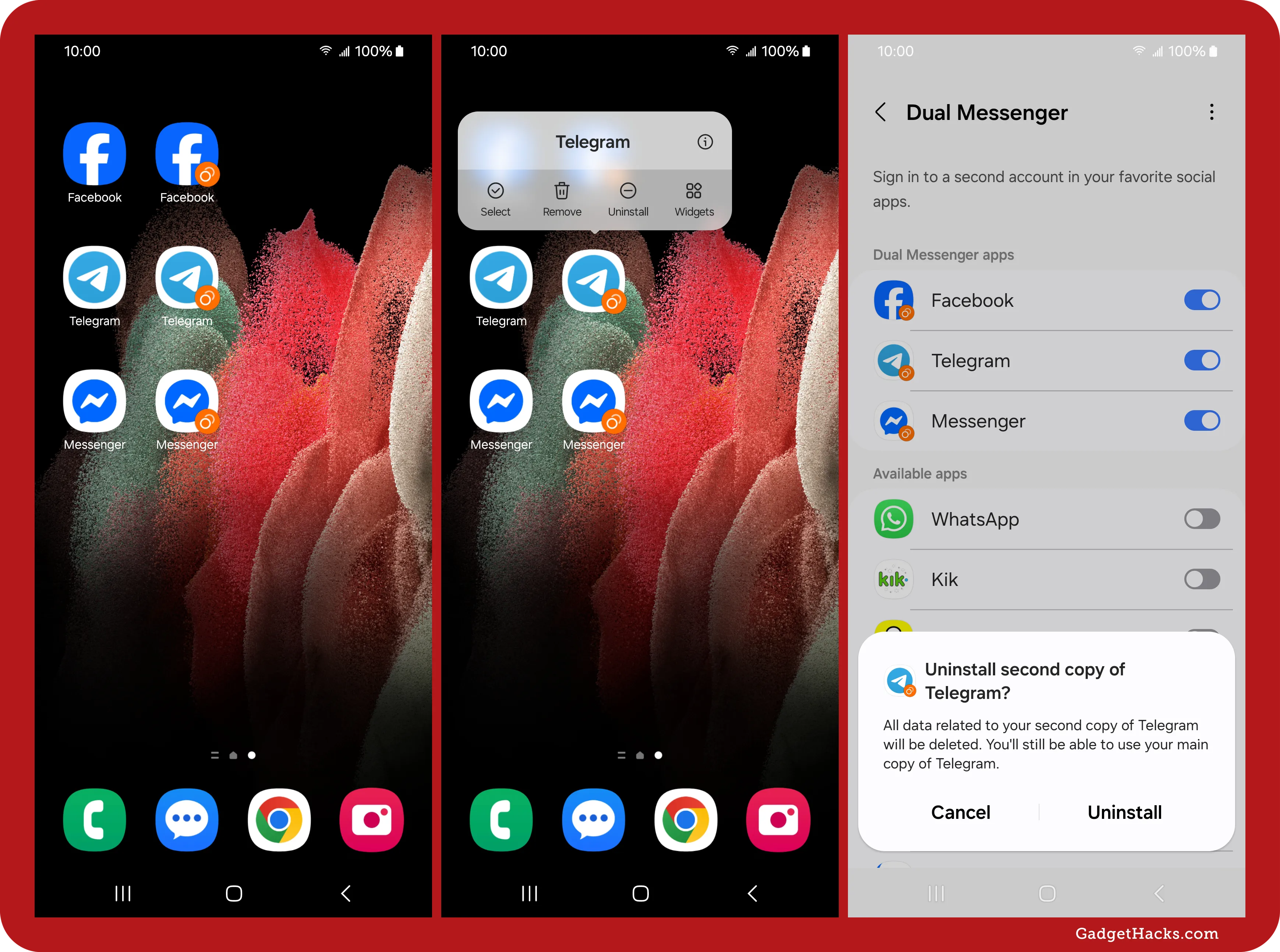 Samsung home screen with cloned Facebook, Telegram, and Messenger apps, plus Dual Messenger uninstall prompt for second Telegram copy.
