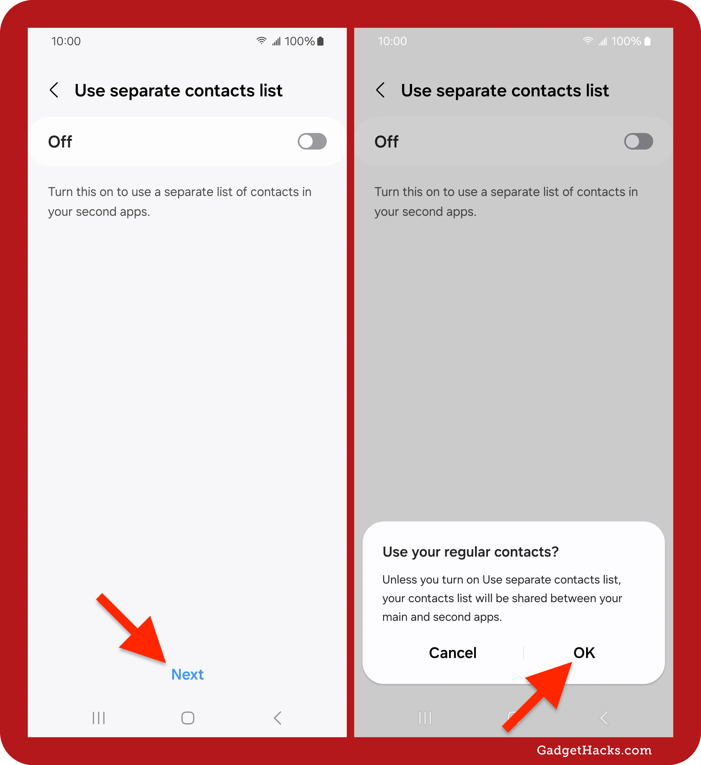 Two Samsung screens showing the option to use a separate contacts list for cloned apps, with prompts for shared or independent contact access.