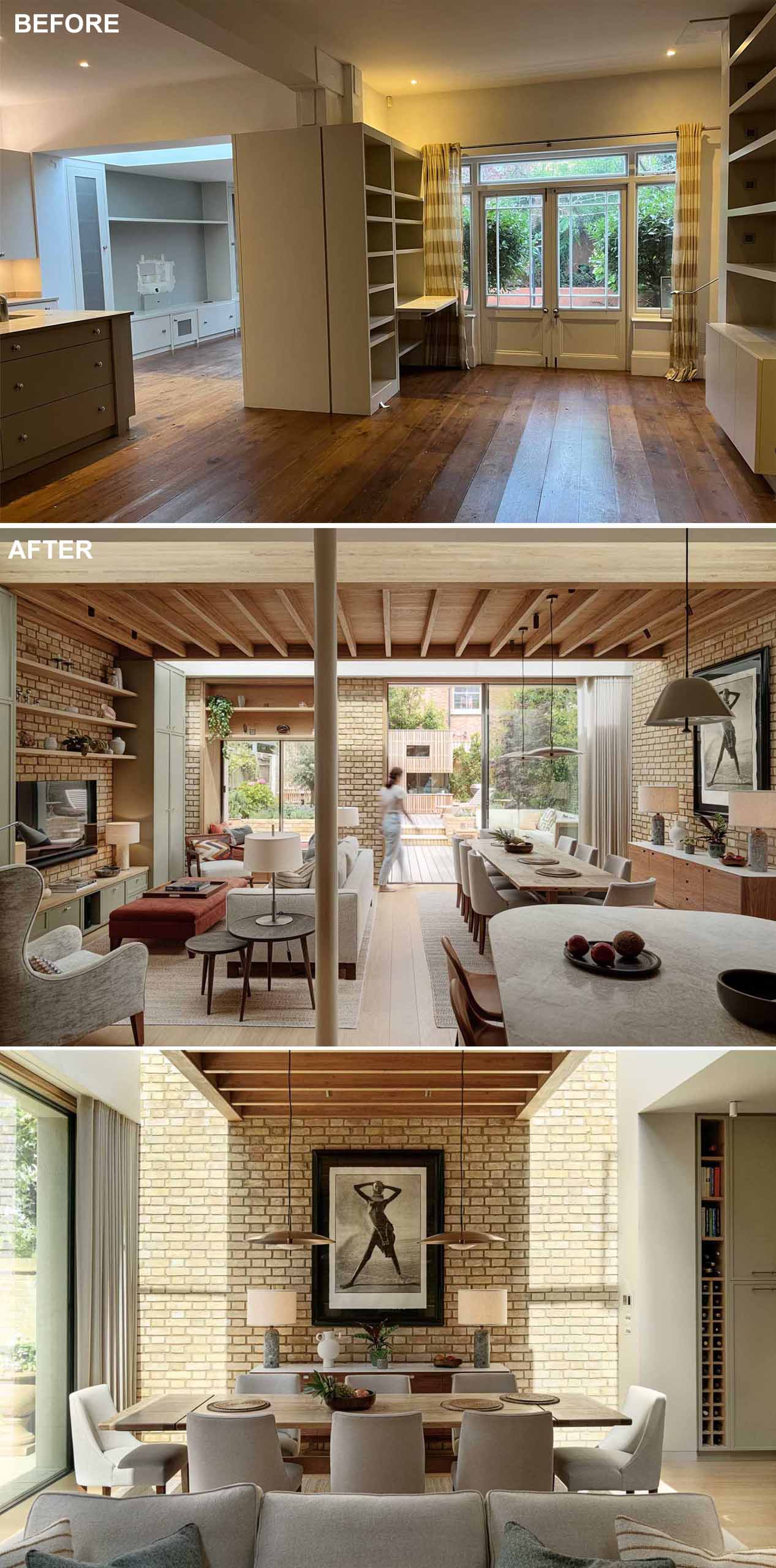 The dining room has been extended and had it's doors replaced with large sliding glass doors, while a wall between the dining area and the living room was removed to create an open plan area with skylights adding natural light.