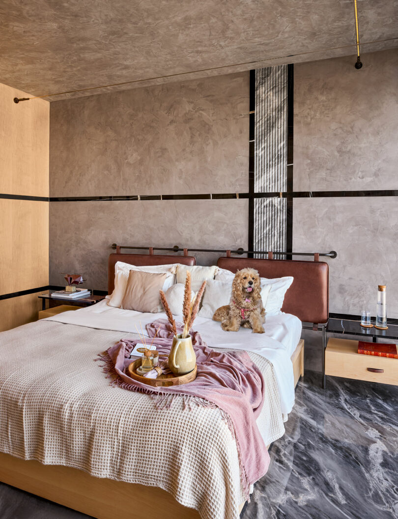 Stylish bedroom with textured gray walls, modern decor, a brown-and-white bed, and a dog sitting on it. There's a vase, tray, and books on the bedspread, with a nightstand nearby.