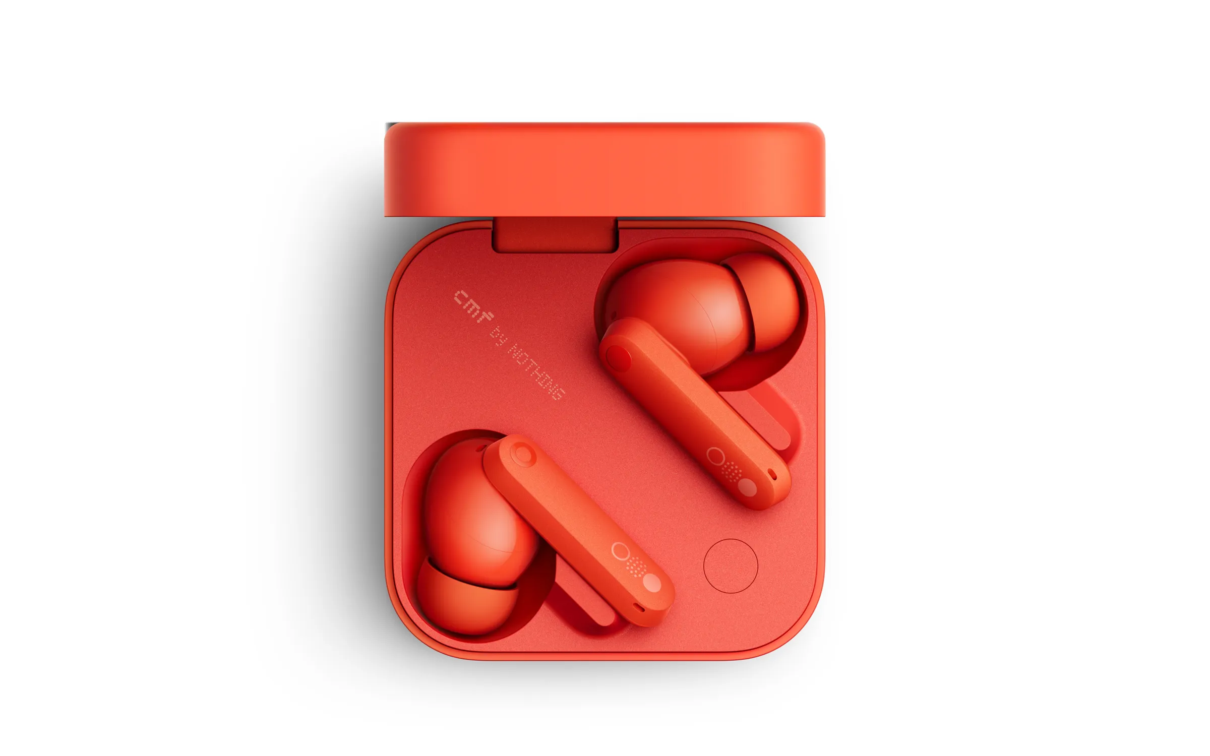 null Bright orange CMF Buds Pro 2 wireless earbuds sit inside a matching square charging case with rounded edges and minimal branding near the top-left corner.