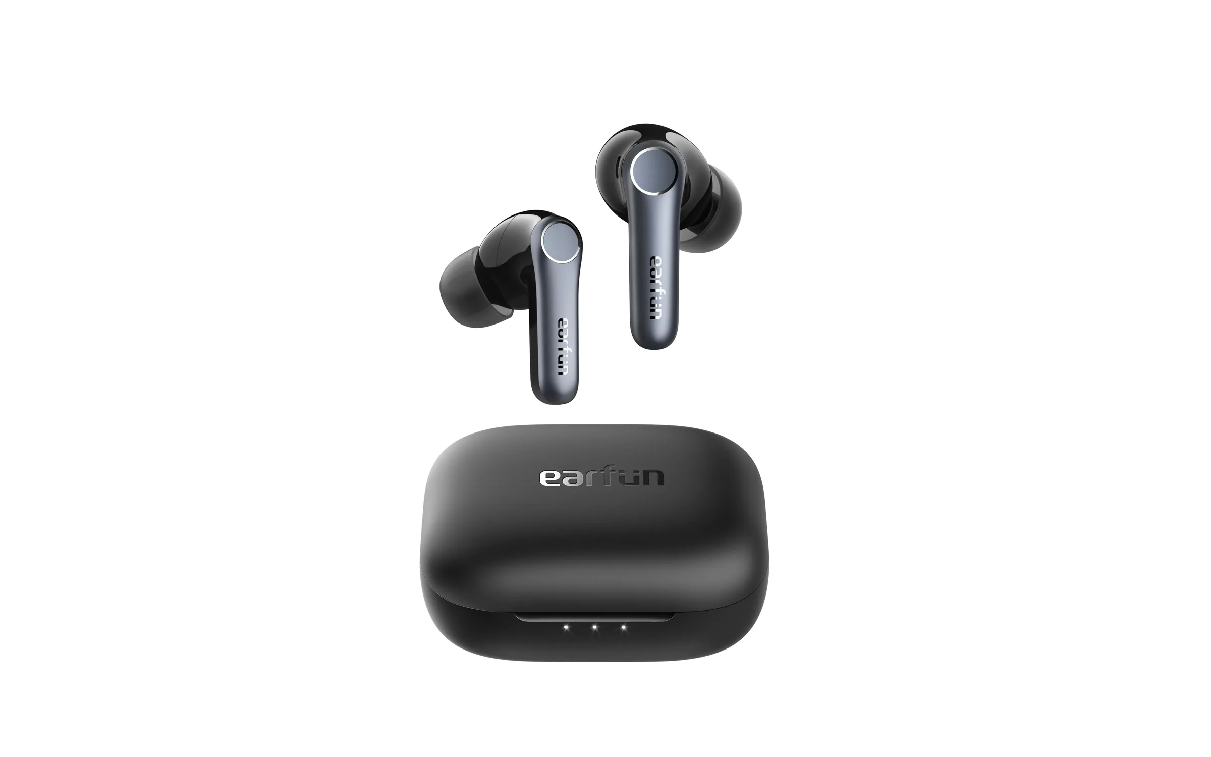 null Black EarFun Air Pro 4 earbuds with metallic stems float above a matte charging case featuring the EarFun logo and three front-facing battery indicator lights.