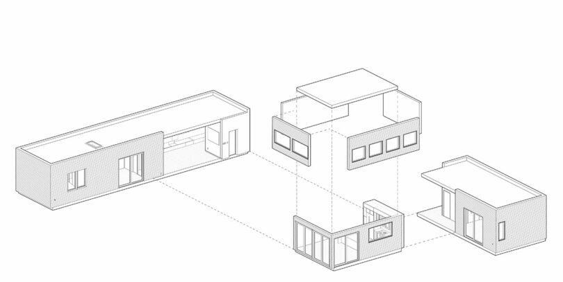 Illustration of an exploded architectural view of a Shift House, showcasing its modular building sections arranged in a linear and vertical layout.