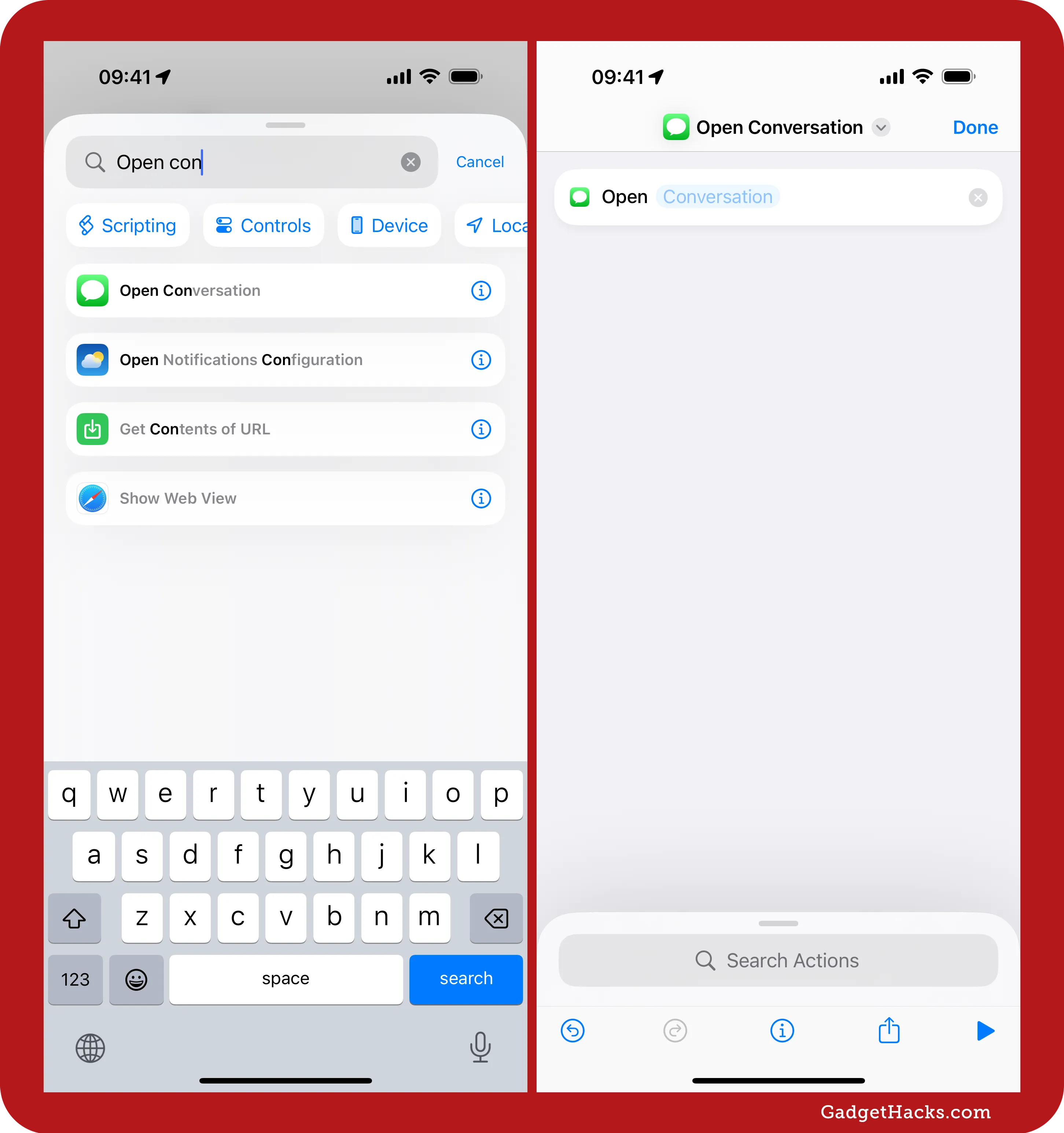 Shortcuts app showing "Open Conversation" selected from search and added to a new shortcut.