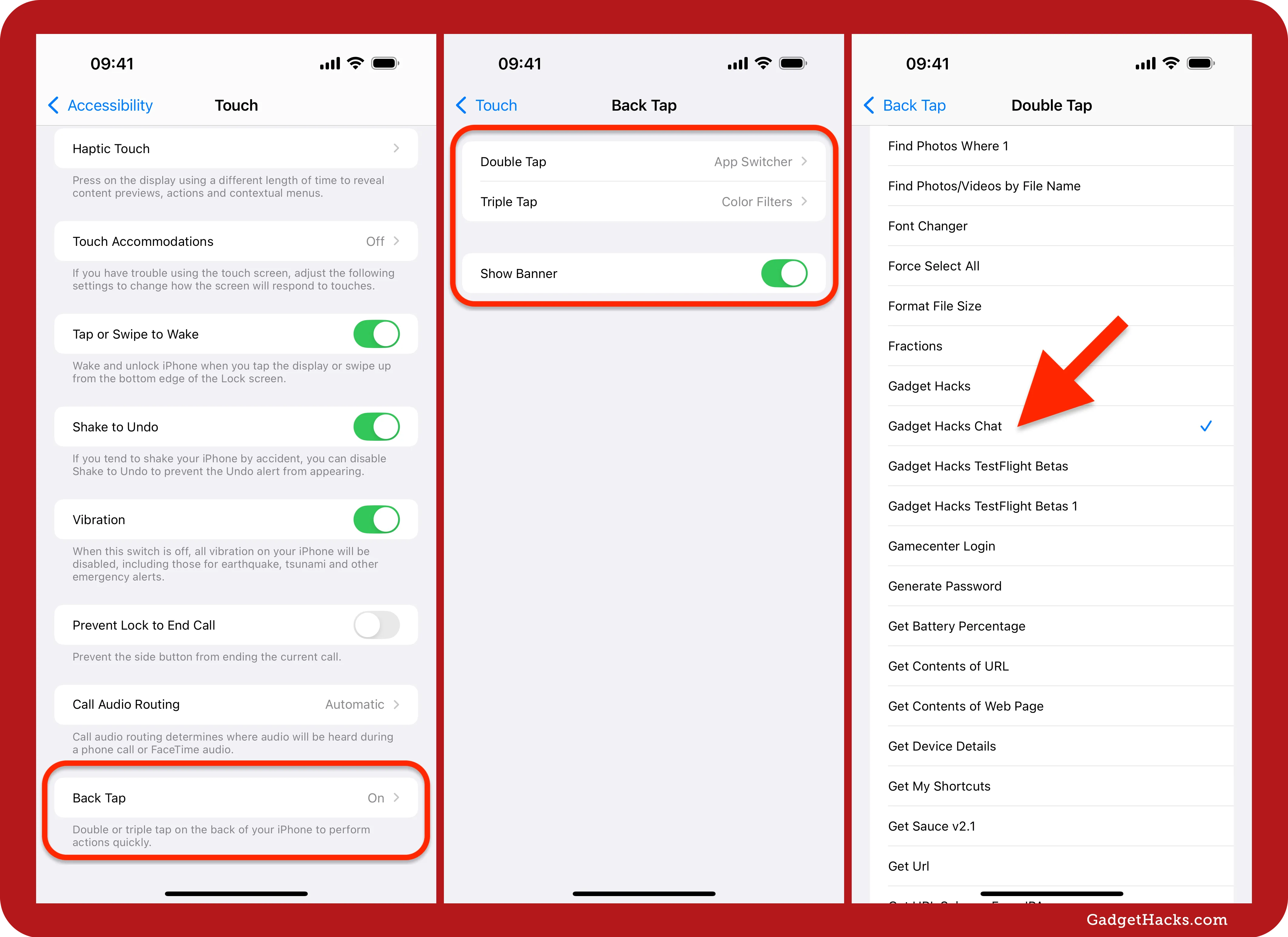 iOS Accessibility settings showing how to assign the 'Gadget Hacks Chat' shortcut to a Back Tap gesture using Double Tap or Triple Tap.