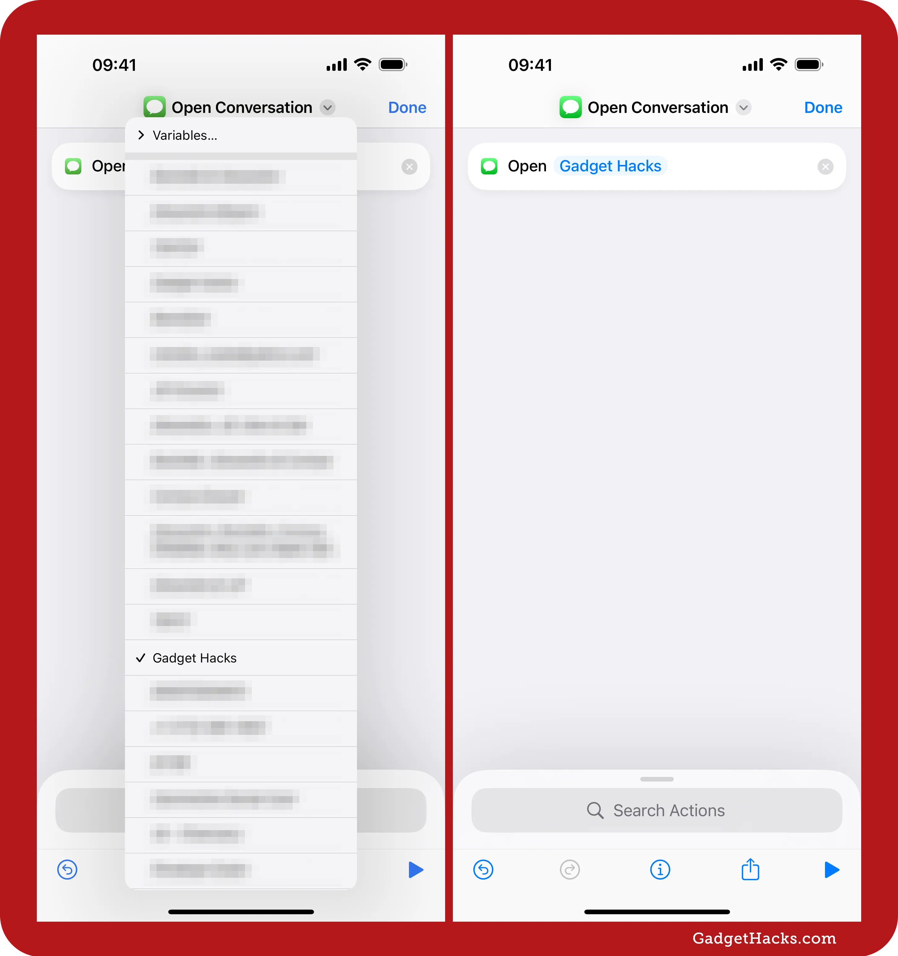 iOS Shortcuts setup showing the 'Open Conversation' action configured to launch the 'Gadget Hacks' thread from the Messages app.