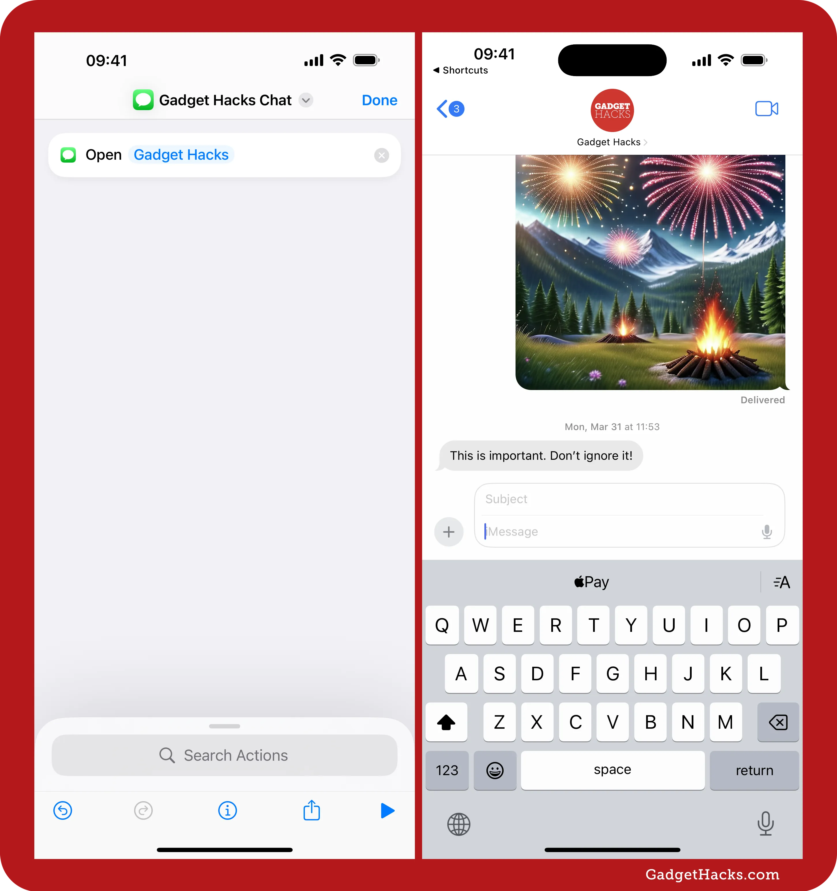 Final setup screen confirming the 'Gadget Hacks Chat' shortcut opens the correct Messages thread, with a sample conversation previewed after testing.