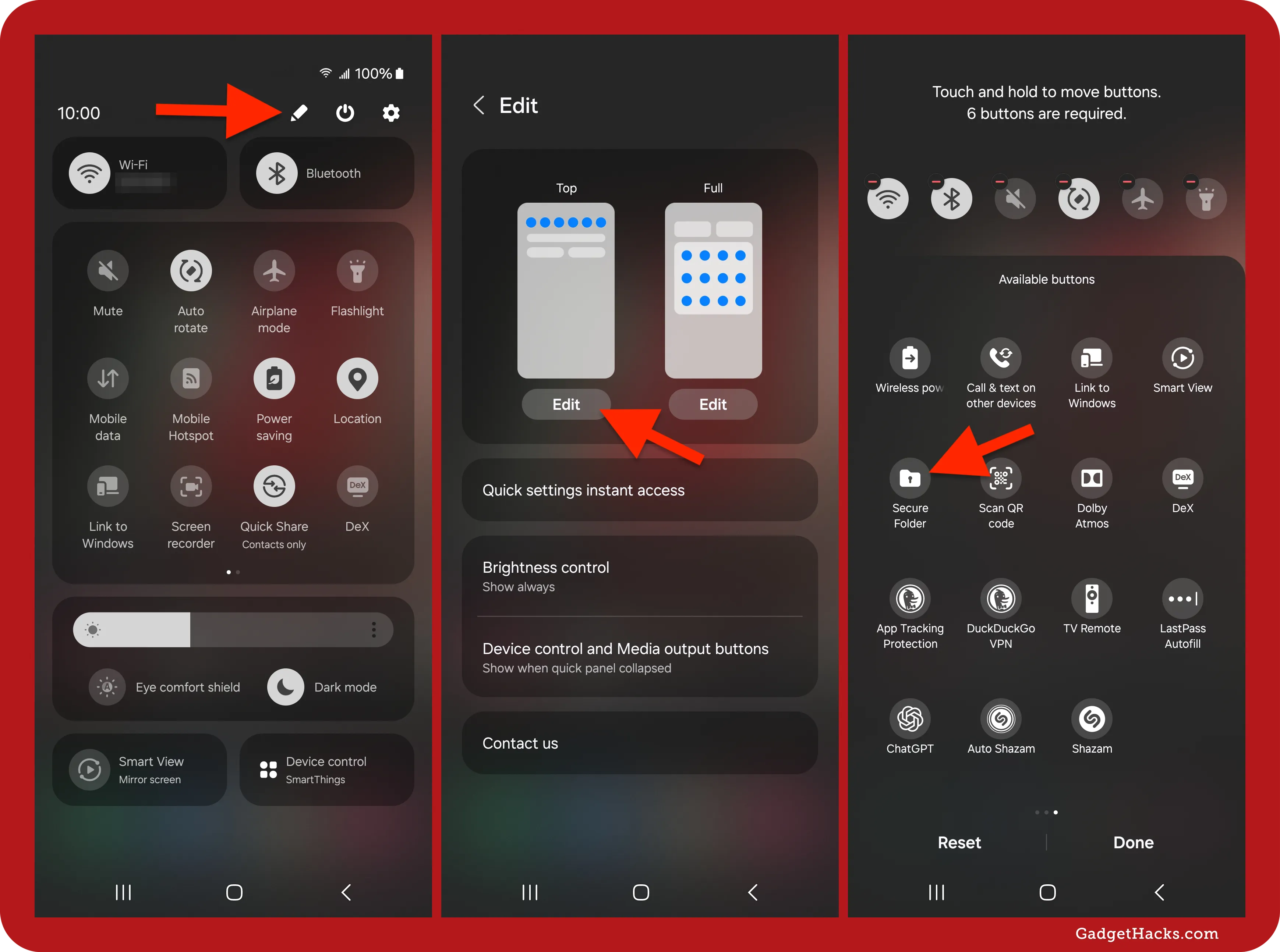 Samsung Quick Settings panel showing steps to customize shortcuts by tapping the edit icon and selecting “Secure Folder” from the available buttons list.