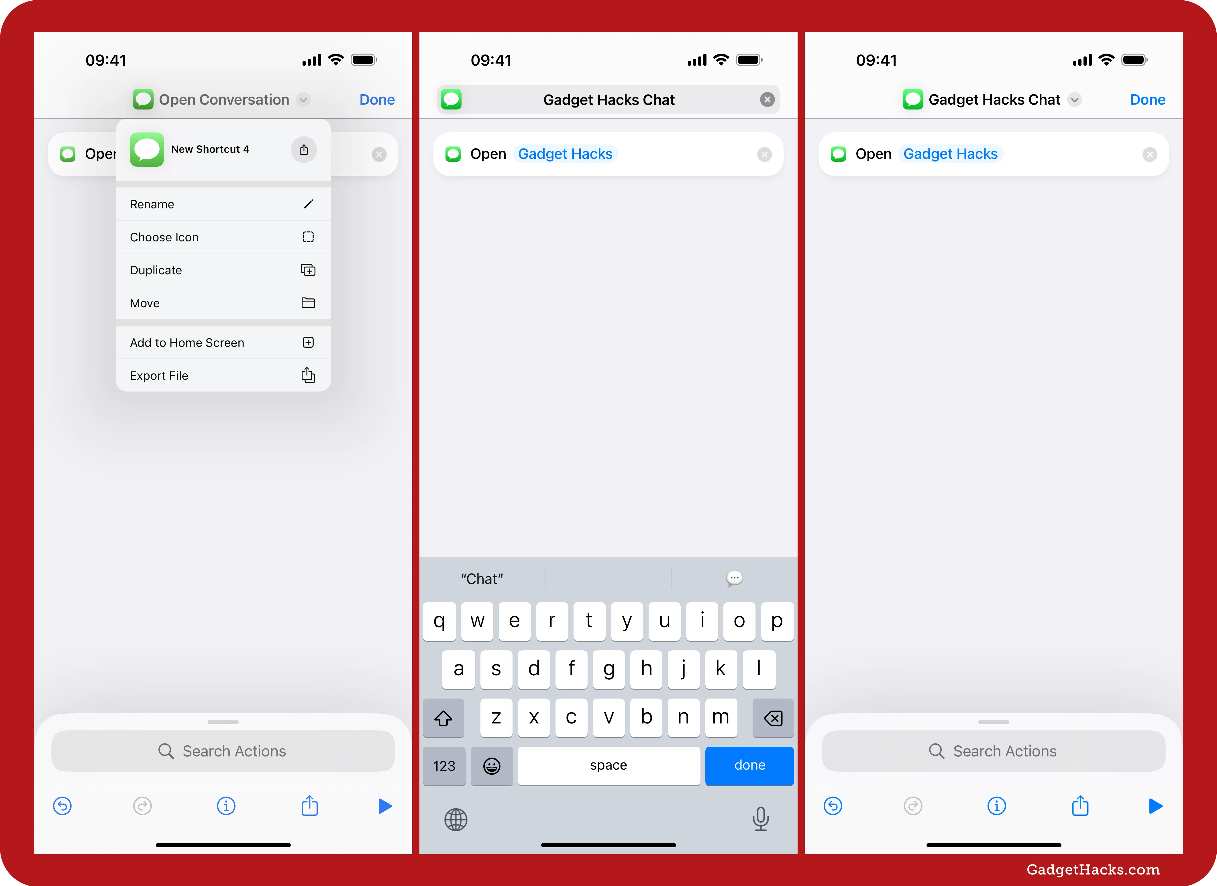 iOS Shortcuts app showing how to rename a shortcut to 'Gadget Hacks Chat' after selecting the Messages conversation and configuring the action.