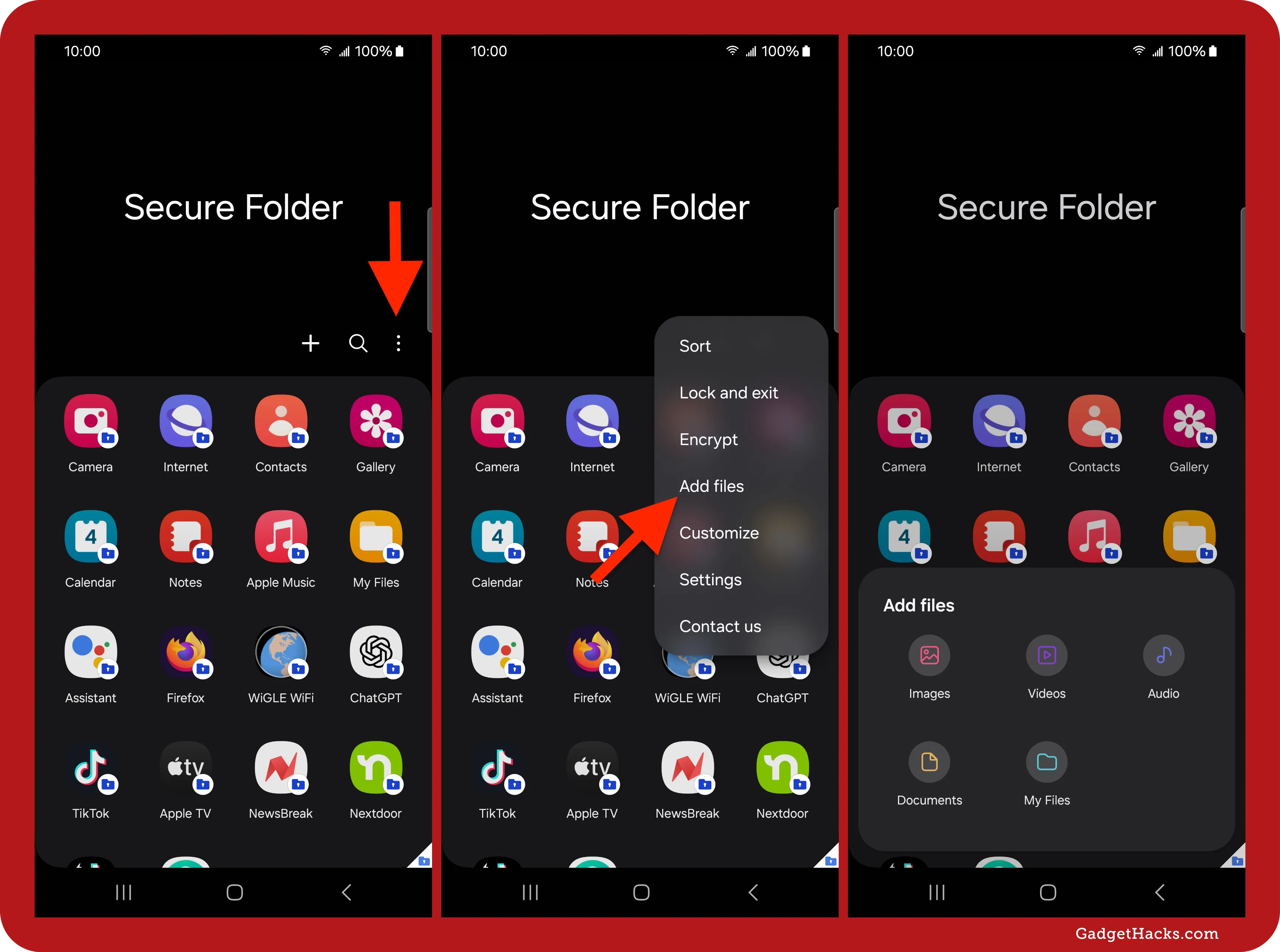 Samsung Secure Folder app showing app grid, file options menu with “Add files” selected, and available file types like images, videos, and documents.