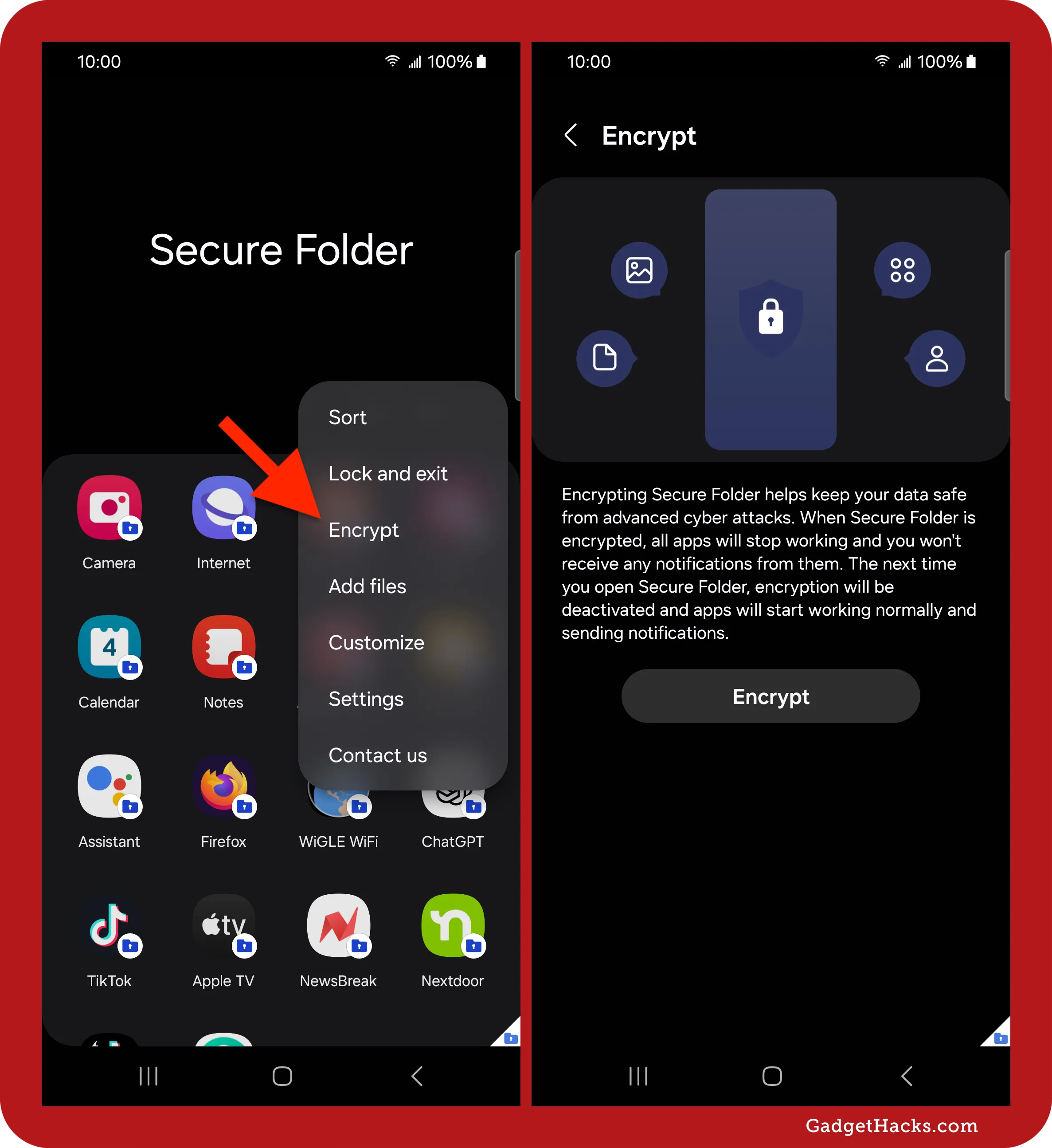 Secure Folder on Samsung with an arrow pointing to “Encrypt” in the menu, and the encryption screen explaining app lockout and notification pause during encryption.