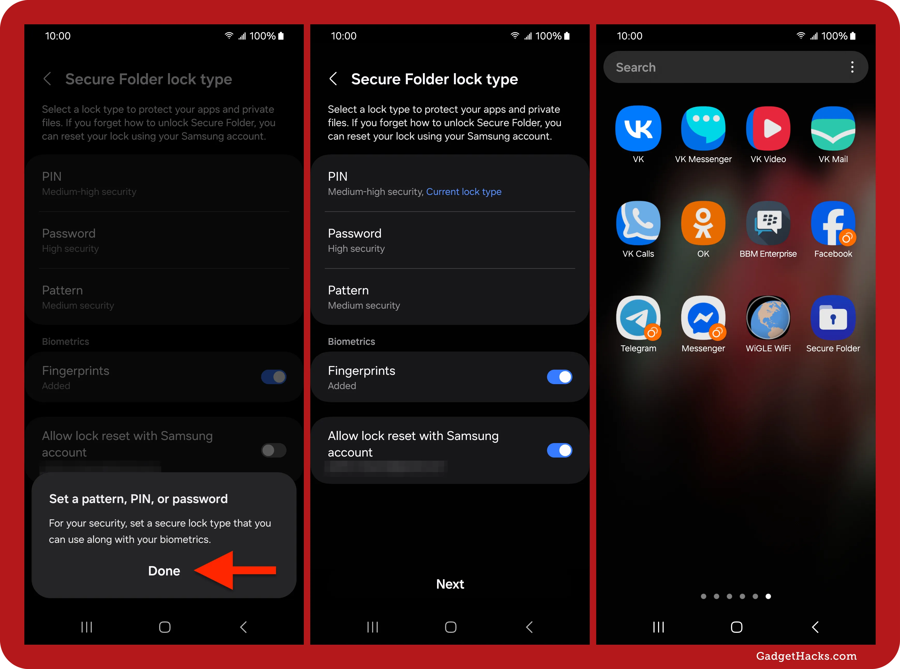Secure Folder lock options on Samsung showing choices like PIN, password, or fingerprint, with biometrics enabled and a prompt to complete the setup.