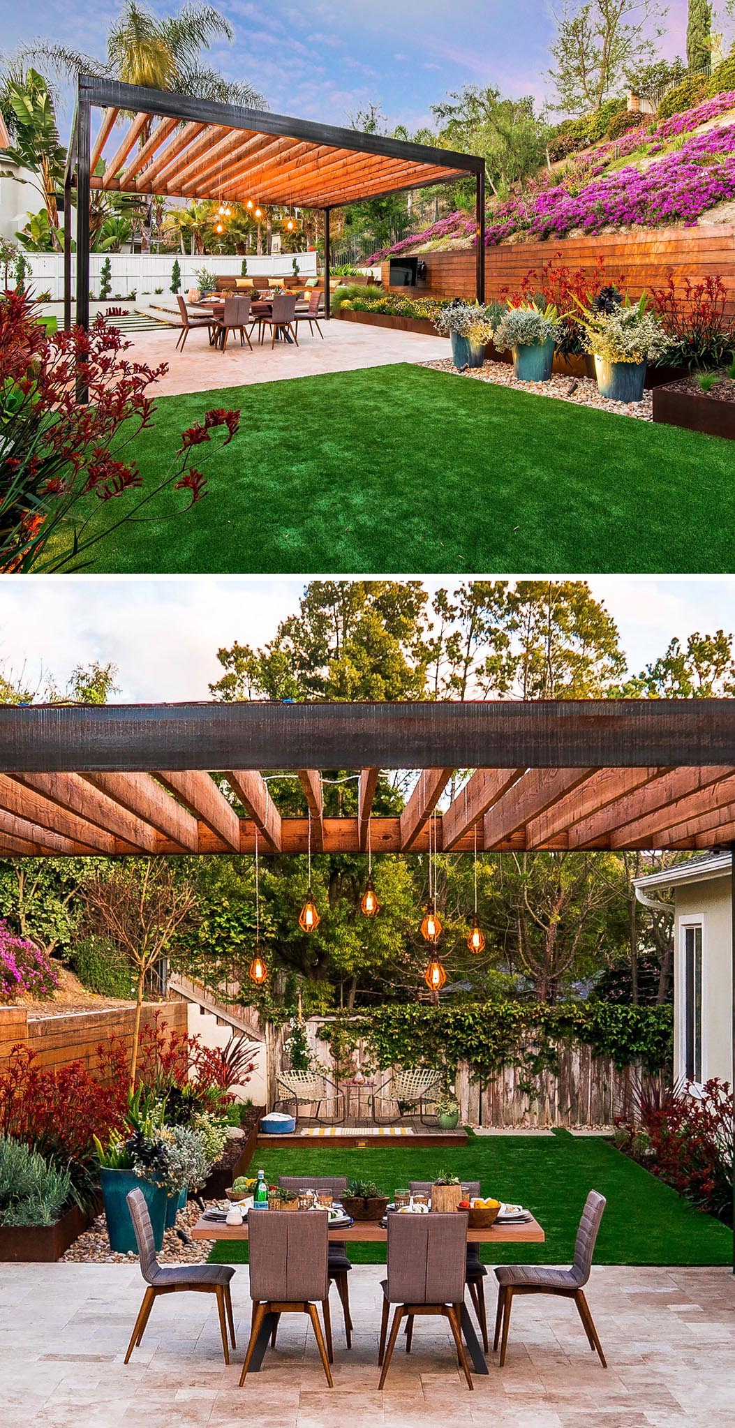 This stylish outdoor dining area is framed by a sleek, wooden pergola, providing shade and a touch of elegance. The wood table is surrounded by contemporary chairs, creating an ideal space for both casual meals and entertaining. The design integrates natural materials and clean lines, and is surrounded by  greenery, enhancing the serene and inviting atmosphere. Soft lighting adds a warm touch, making it perfect for evening gatherings under the open sky.