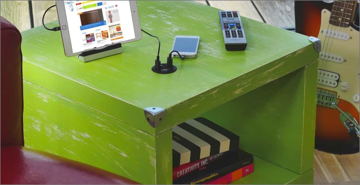 USB charging station built into IKEA coffee table