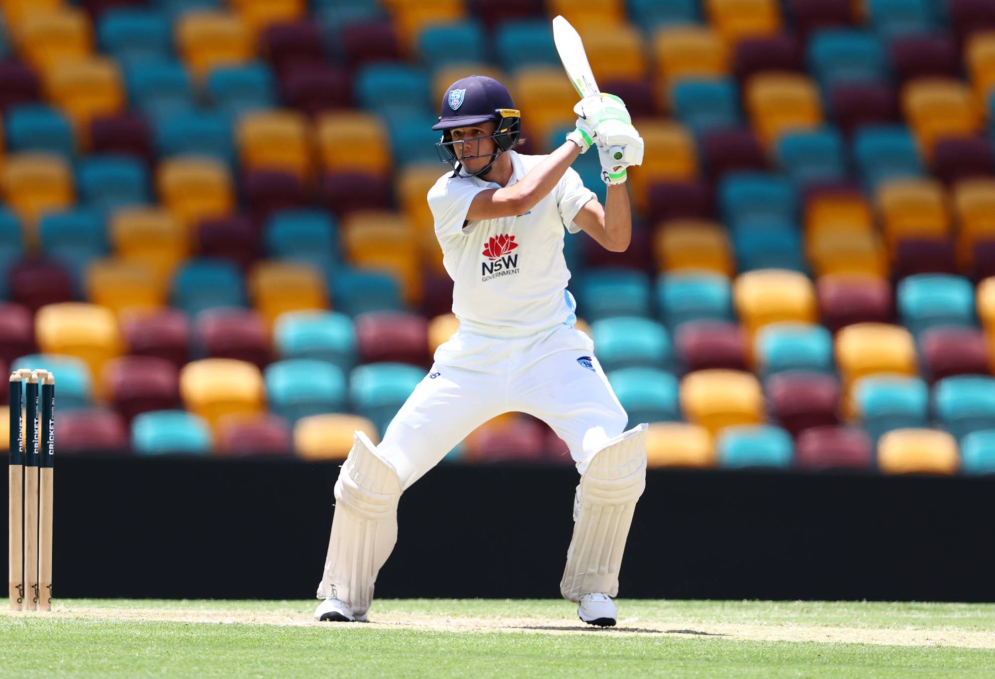 BRISBANE, AUSTRALIA - FEBRUARY 09: Sam Konstas of New South Wales bats during the Sheffield Shield match between Queensland and New South Wales at The Gabba, on February 09, 2025, in Brisbane, Australia. (Photo by Chris Hyde/Getty Images)