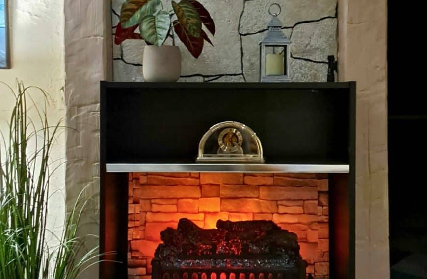 faux fireplace made from IKEA BILLY bookcase