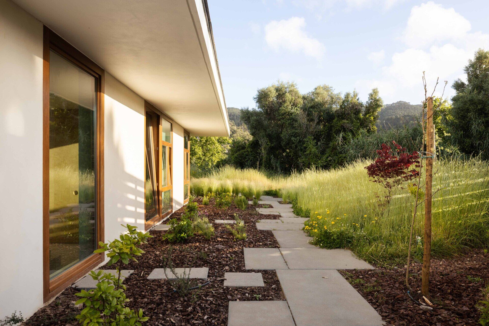This hillside home uses the natural slope to its advantage. Half-buried and minimal in form, it blends seamlessly with its environment.  The green roof disappears into the landscape, helping regulate temperature while softening the structure’s visual impact.
