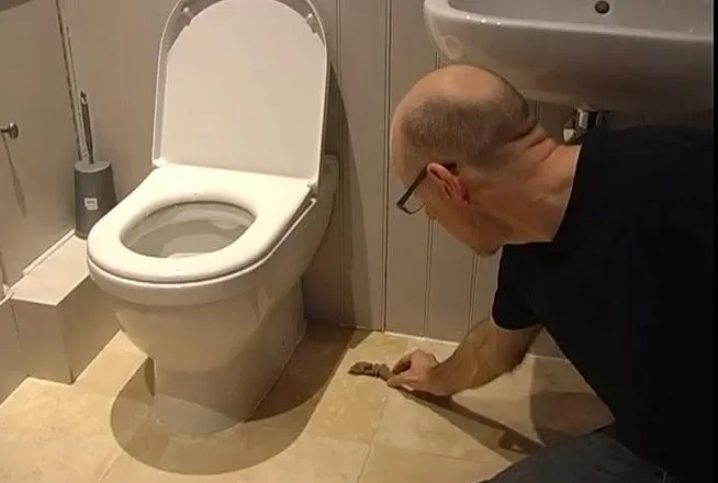 Man inspecting the floor near a toilet.