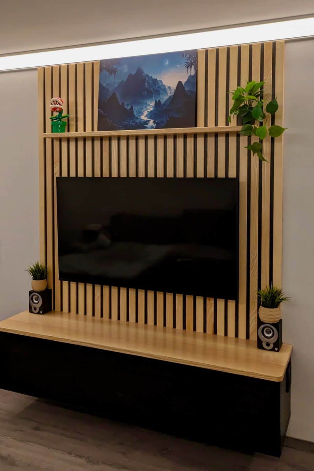 slatted wood TV accent wall with BESTA cabinets