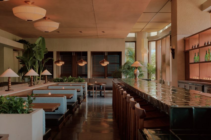 Restaurant interior that blends tropical and Japanese influences