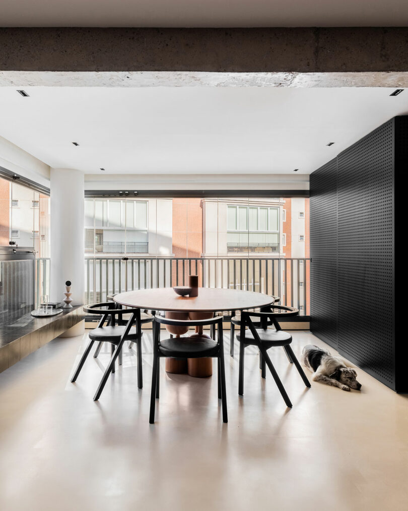 Modern dining room with a round table, six chairs, and a dog lying on the floor near a black perforated wall. Large windows and balcony are visible in the background.