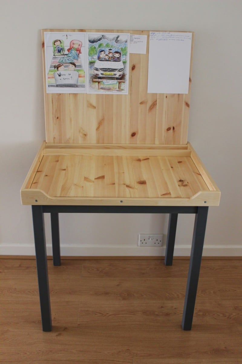 An artist desk with paper storage