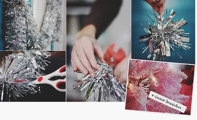 Hands crafting with metallic tinsel and scissors.