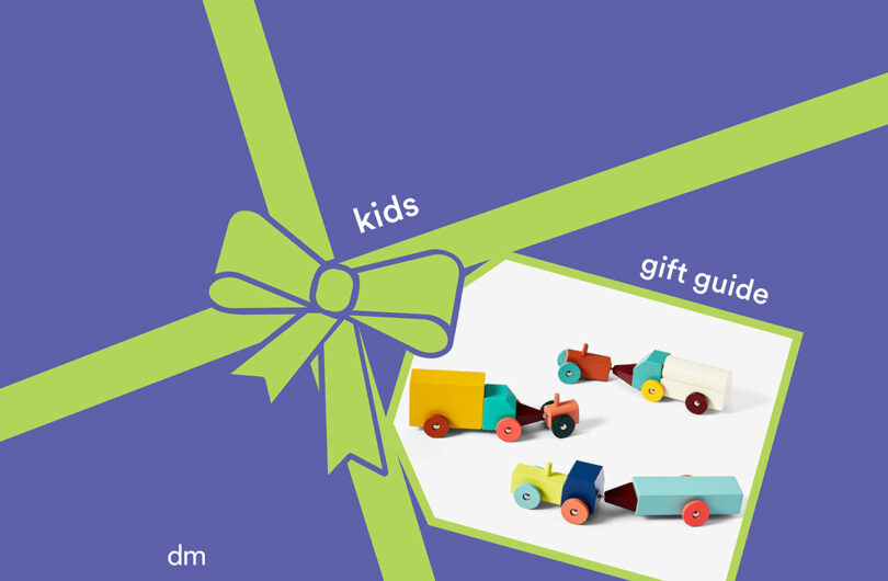 Purple background with a green ribbon graphic labeled "kids gift guide," inspired by top gift guides, plus a photo of colorful wooden toy vehicles in the bottom right corner.