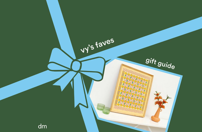 A green background with blue gift-wrapping ribbon, the text "vy’s faves gift guide," and a photo of a framed artwork, two small glass items, and an orange vase with flowers—perfect inspiration for your holiday gift guides.