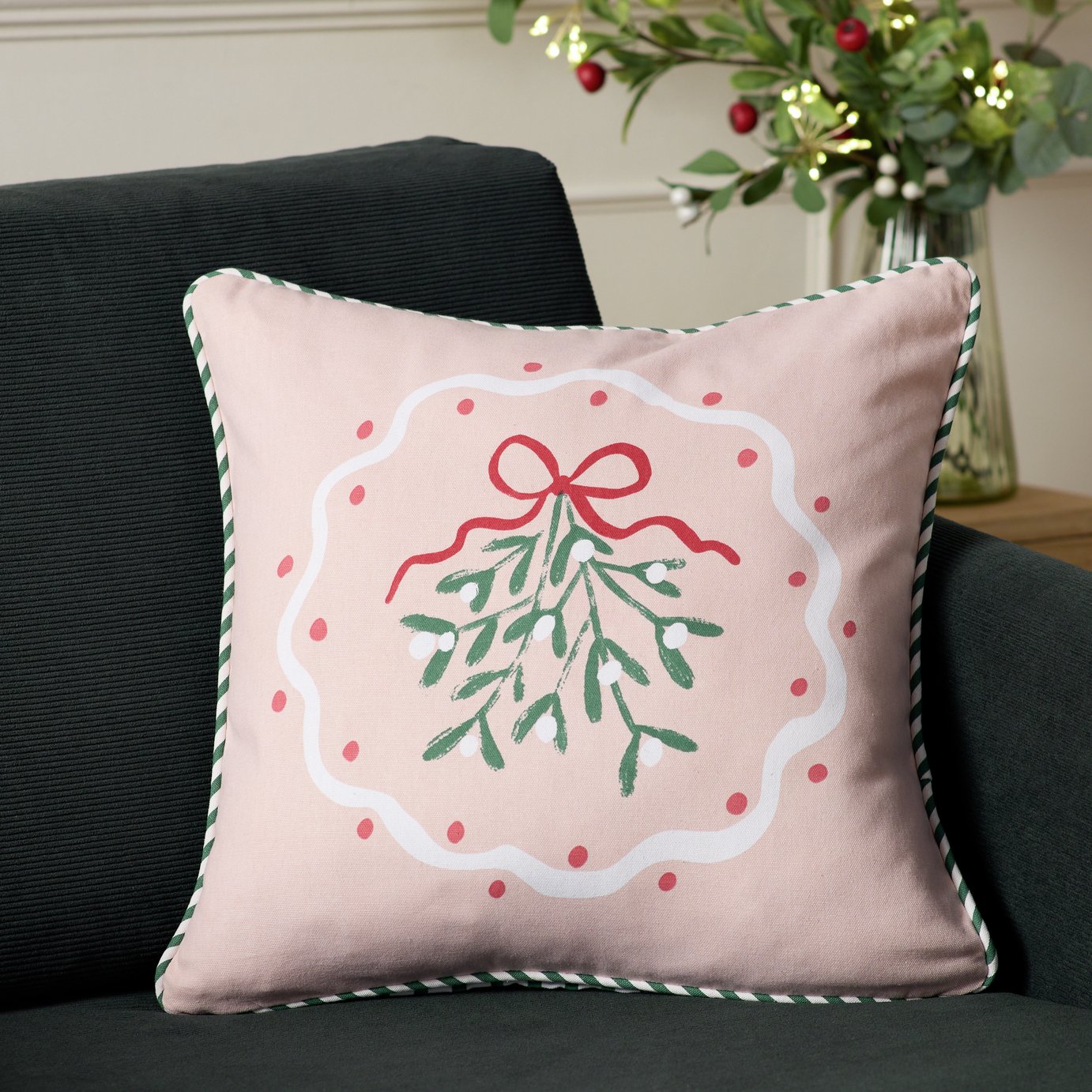 Argos Home Bows Mistletoe Printed Cushion - Pink - 43x43cm