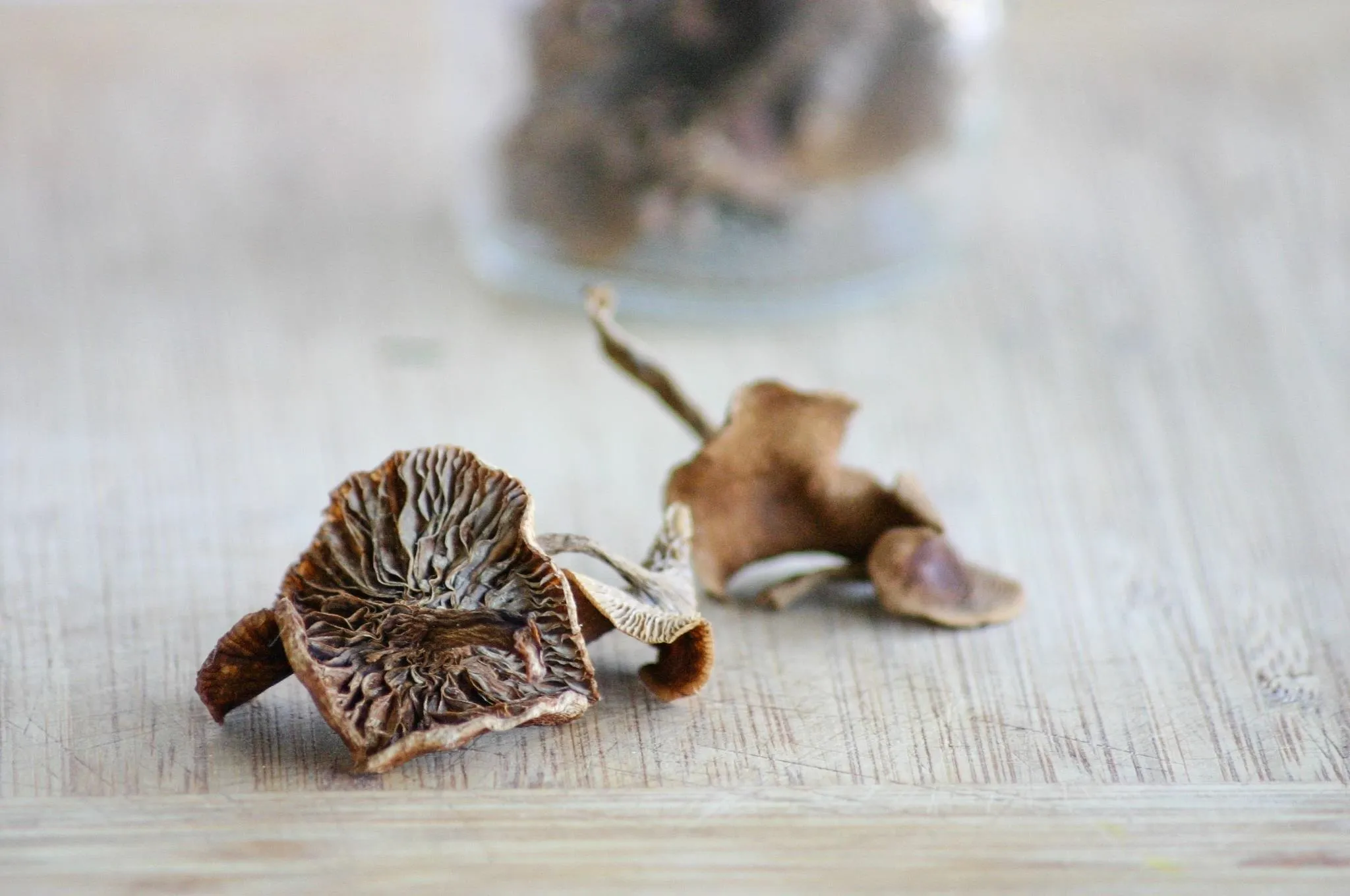 Dried mushrooms on a wooden surface.