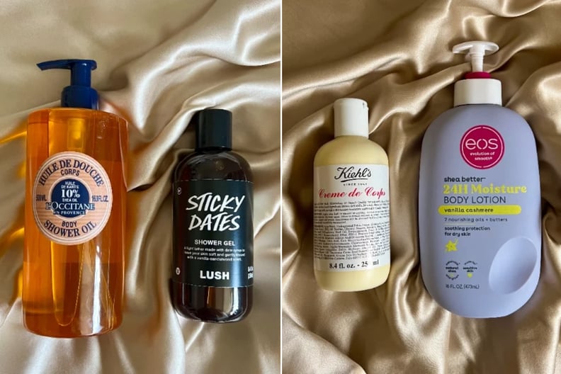 Lush Sticky Dates Shower Gel, L'Occitane Shea Body Shower Oil, Kiehl's Creme de Corps Body Lotion, and Eos 24H Hydration Body Lotion in Vanilla Cashmere.