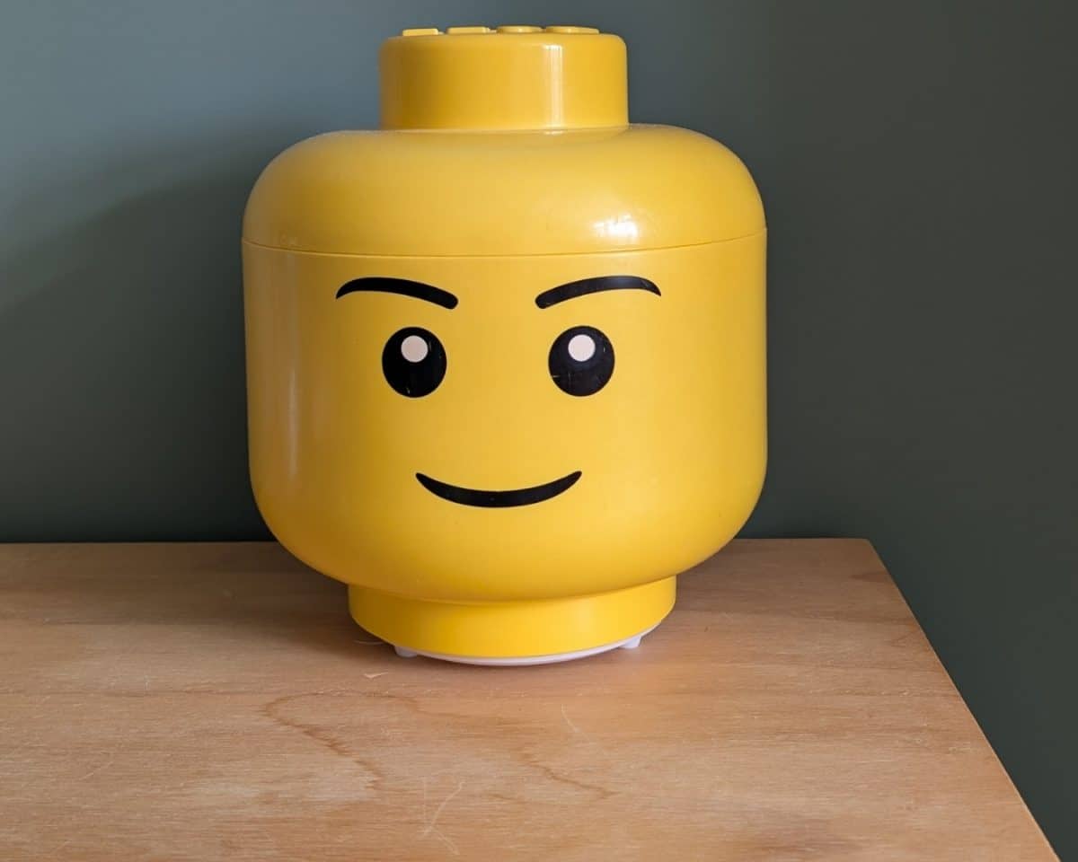 LEGO storage head as DIY lamp