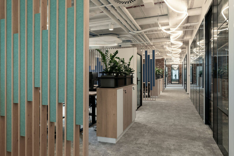 Modern office interior by BIT CREATIVE featuring wood and glass partitions, ceiling lights, indoor plants, and an open hallway leading to offices in the background.