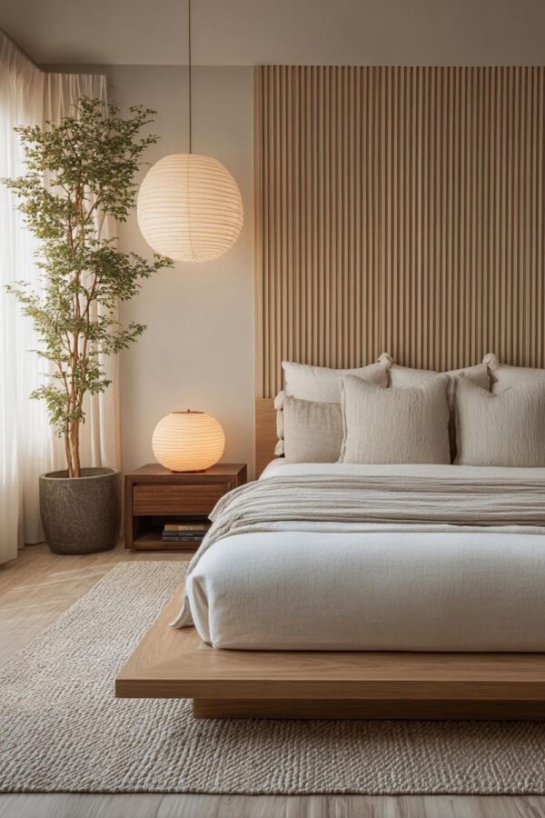 greenery in japandi bedroom