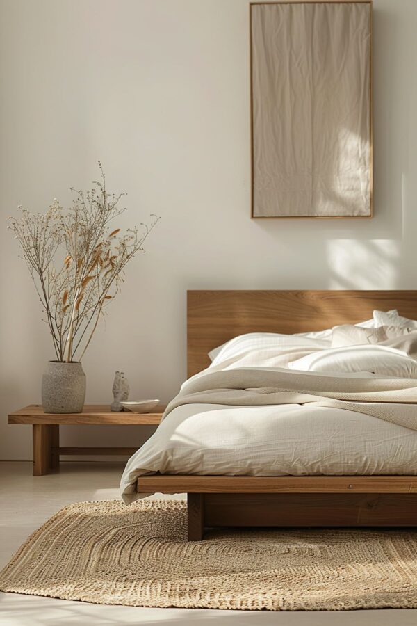 japandi bedroom with rug